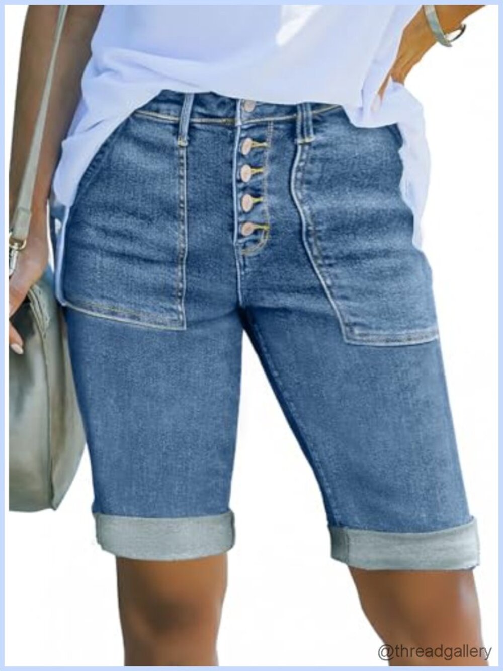 Women's High Rise Stretch Jean Shorts, Bermuda Length Button Fly Folded Hem